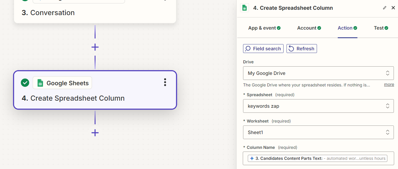 A Google Sheets step in the Zap editor with a spreadsheet and worksheet selected.