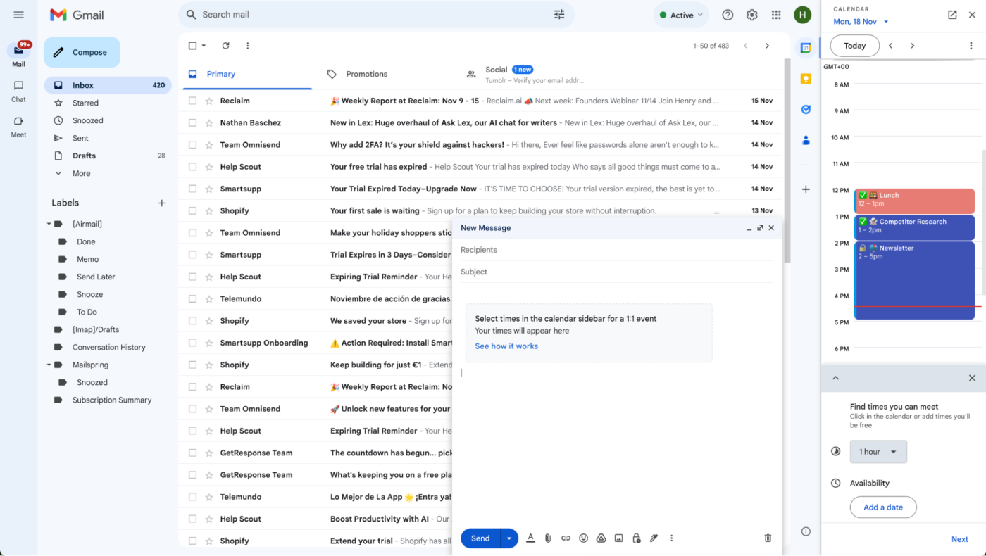 Google Calendar in the Gmail sidebar