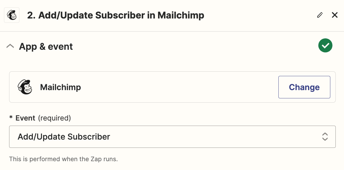 An action step in the Zap editor with Mailchimp selected as the action app and Add/Update Subscriber selected for the action event.
