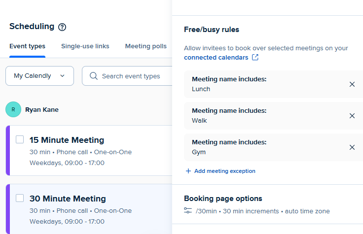 Setting specifications in Calendly