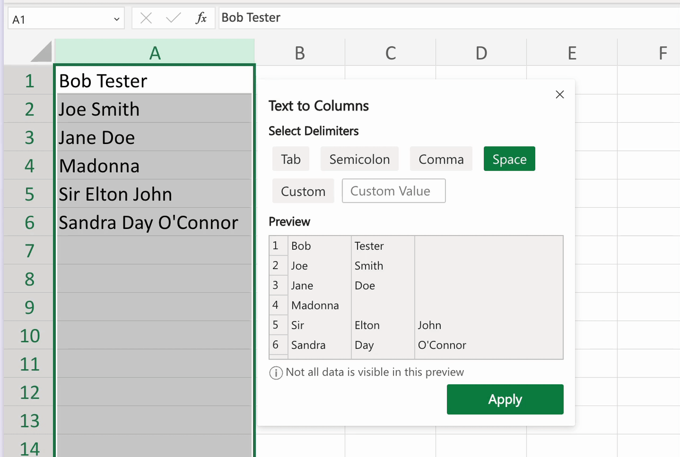 Demo of how to split first and last names in Excel. 