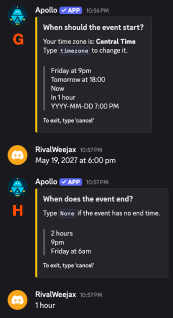 A screenshot shows the user entering the event's start and end date and time using prompts from the Calendar bot.