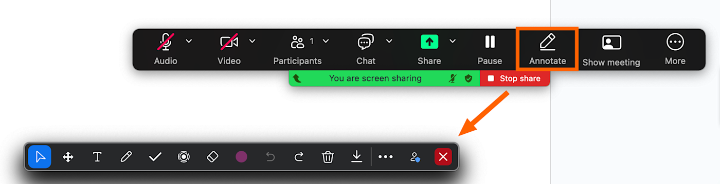 Annotation tool bar in a Zoom meeting. 