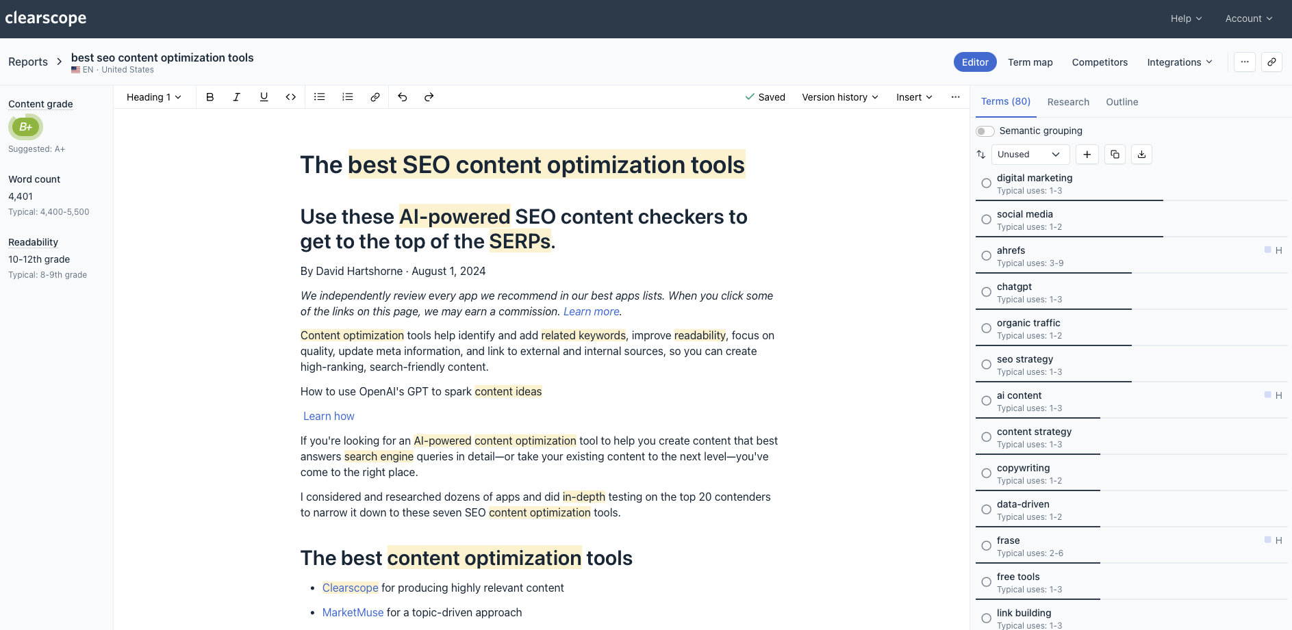 Clearscope, our pick for the best AI marketing tool for SEO content optimization.
