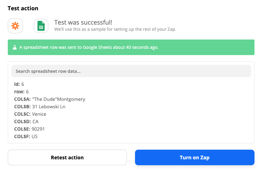 The successful test alert in Zapier reading "Test was successful!" and "A spreadsheet row was sent to Google Sheets about 40 seconds ago."