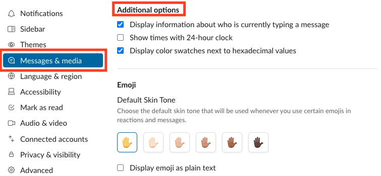 Additional options in the Messages & Media section in Slack