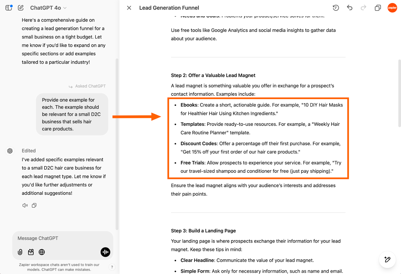 Modified ChatGPT canvas with the revision prompt displayed next to the canvas.