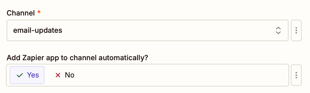 The Channel field in the Zap editor.