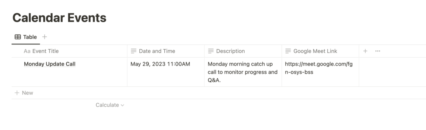 A Notion database called Calendar Events filled out with Google Calendar event details.