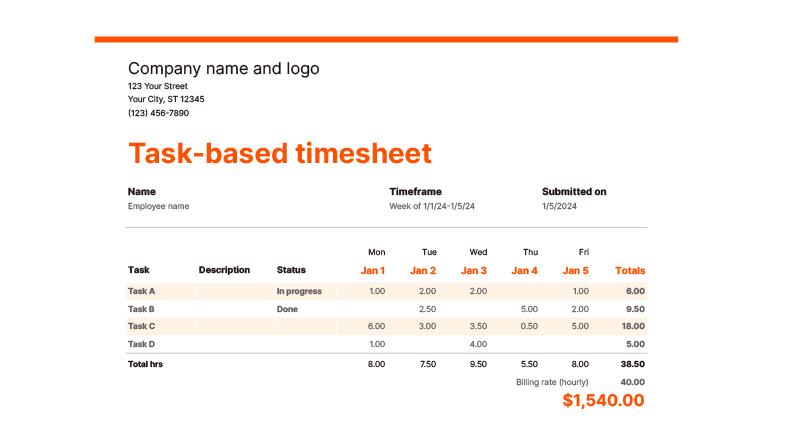 Screenshot of Zapier's task-based timesheet template showing how to track time for specific tasks in one week