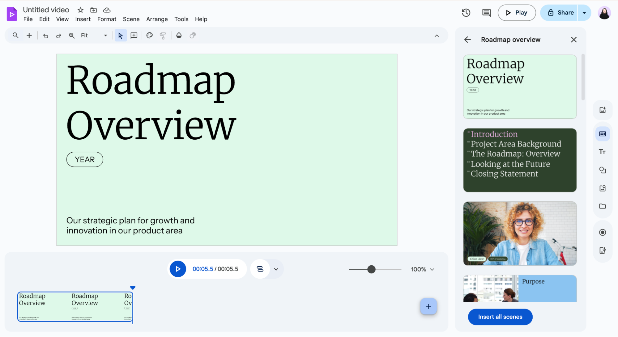 Google Vids scene with more templated scenes in the side panel. 