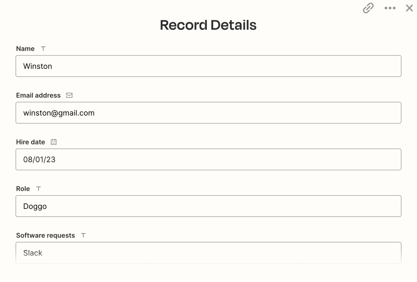 Screenshot of record details