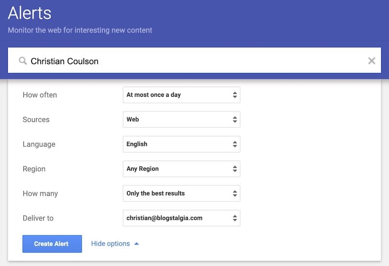 Setting up a Google Alert
