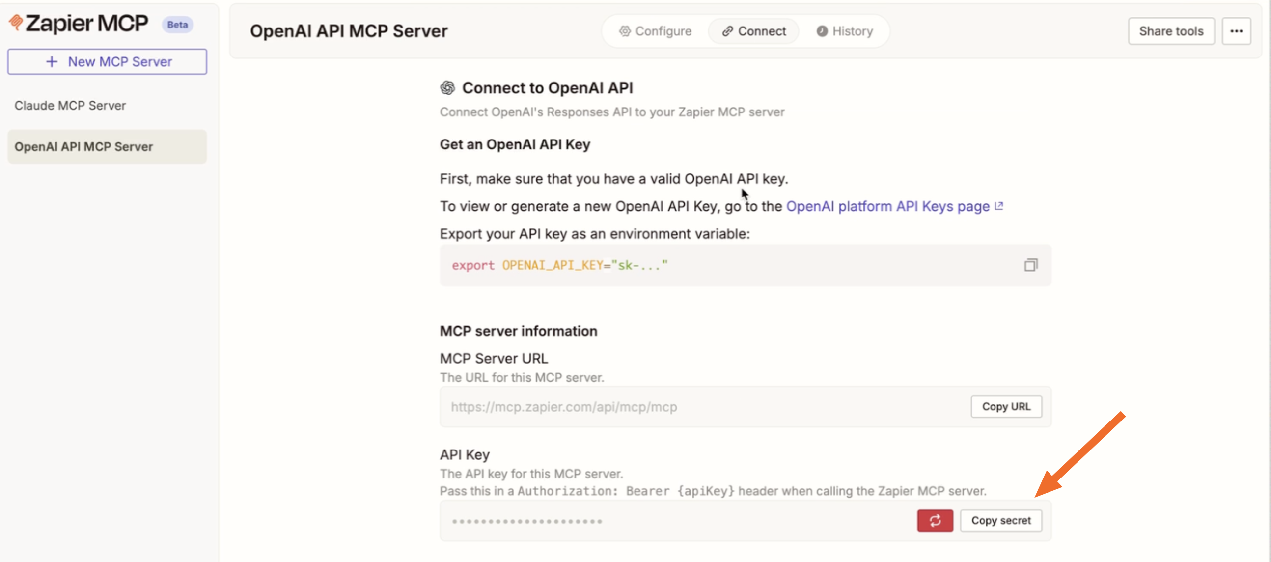 Copying the secret key from Zapier MCP