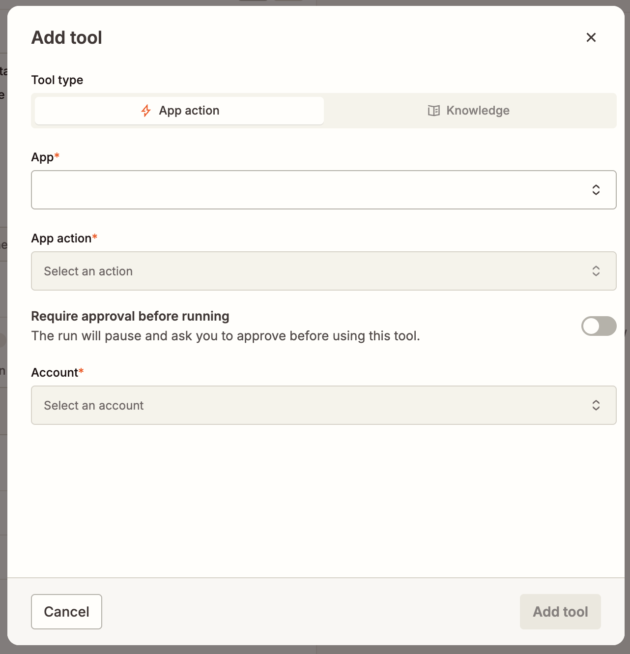 An add tool window in an AI by Zapier workflow step.
