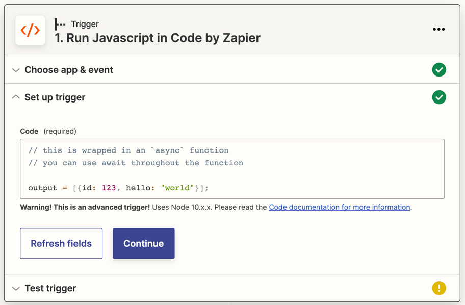 A field labeled Code with lines of code entered into the field.