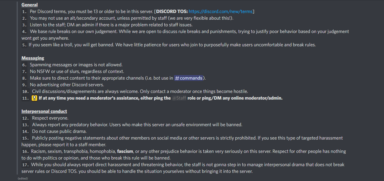 A rules channel in Discord