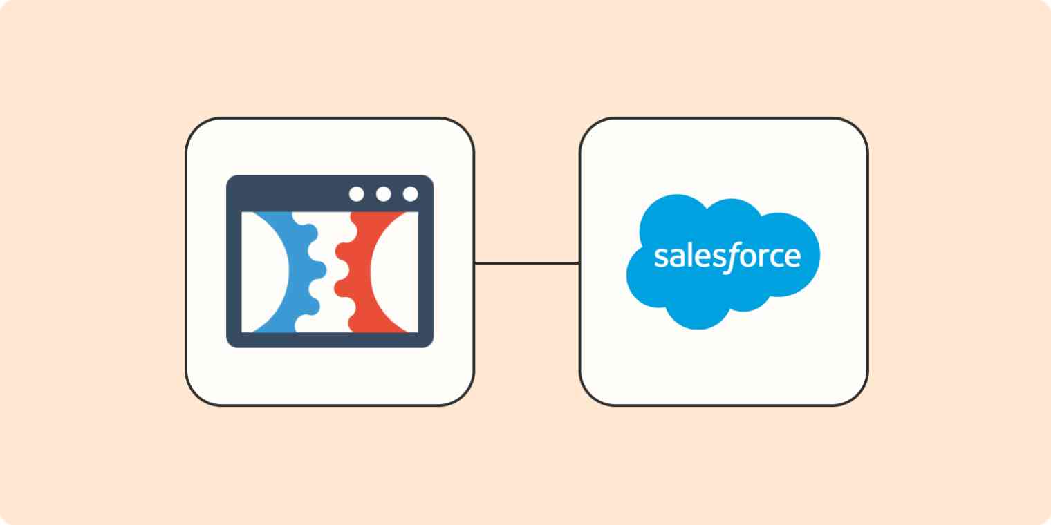 Hero image of the ClickFunnels app logo connected to the Salesforce app logo with a line on a light orange background.