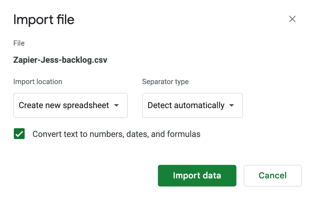 Import file popup in Google Sheets.