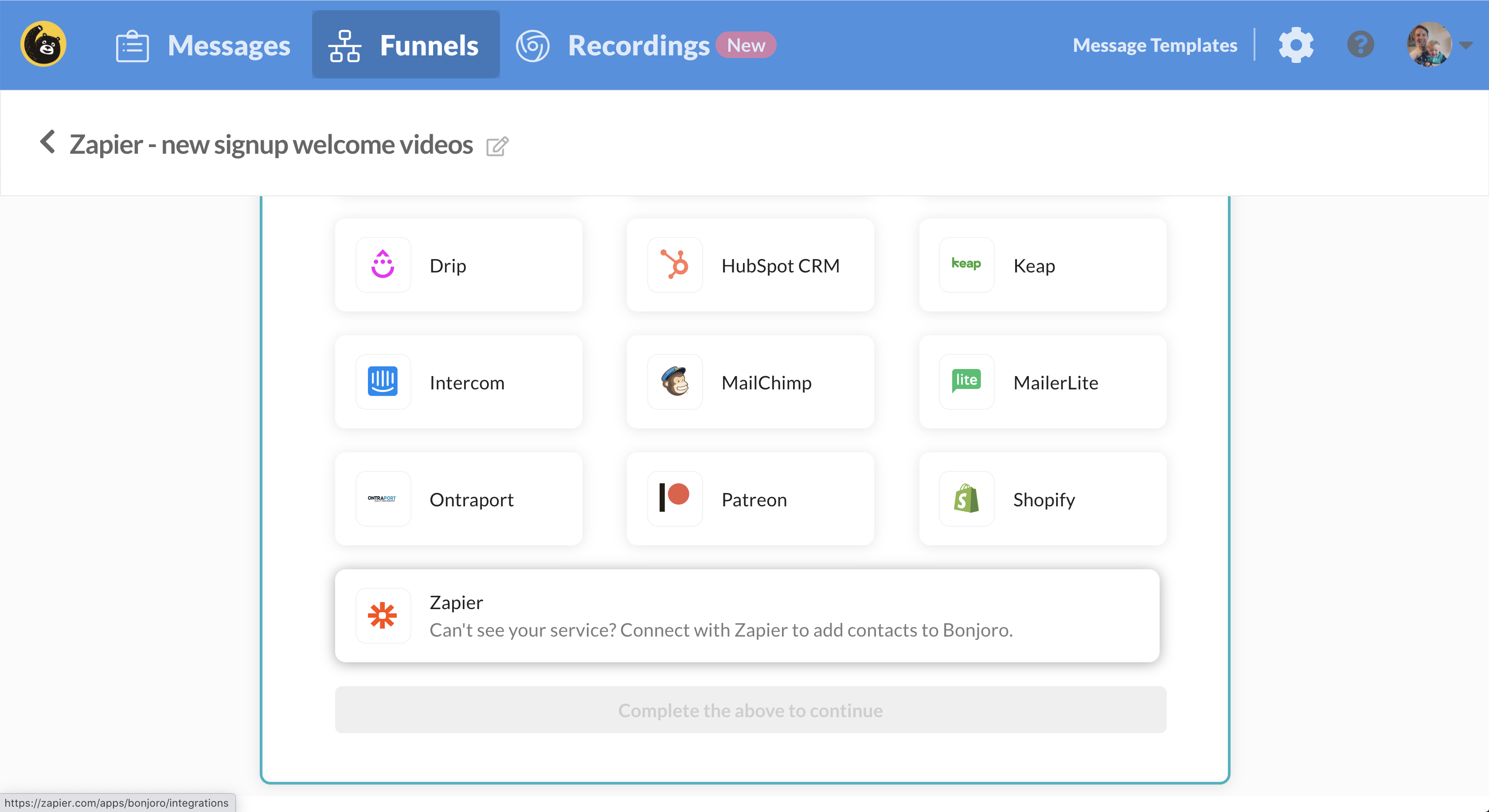 The integrations page in Bonjoro, showing Zapier as the suggestion whenever there