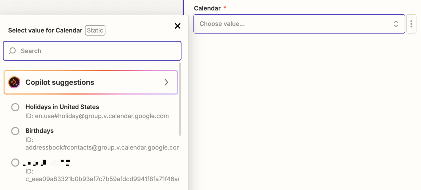 In the Calendar dropdown, calendar options are listed.