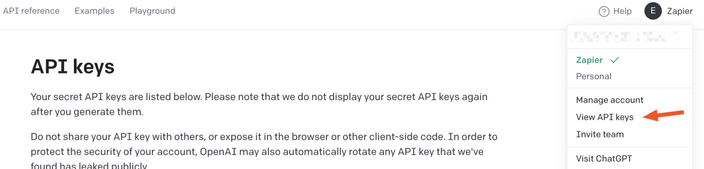 The API Keys section in an OpenAI account.