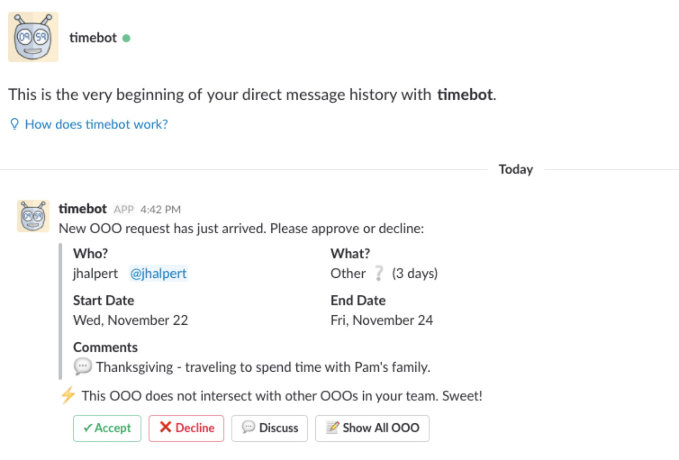 TimeBot Slack app screenshot