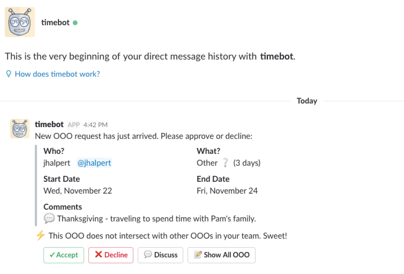 TimeBot Slack app screenshot