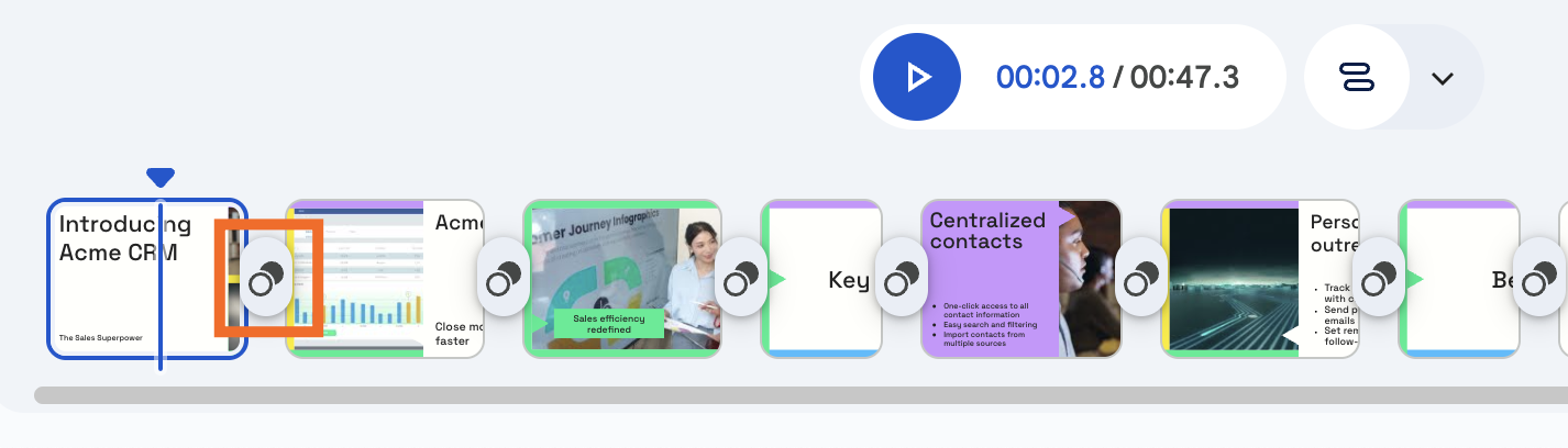 Scene timeline in Google Vids with the add transition icon highlighted. 