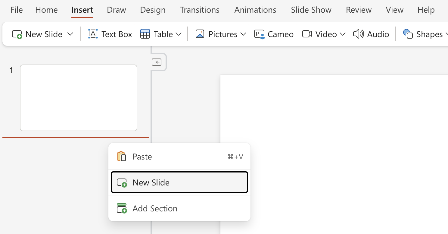 Right-click menu in PowerPoint with the option to insert a new slide highlighted.