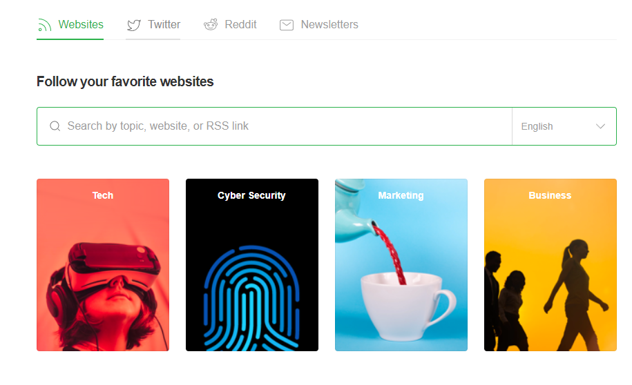 Feedly's Follow Websites, Twitter, Reddit, and Newsletters page