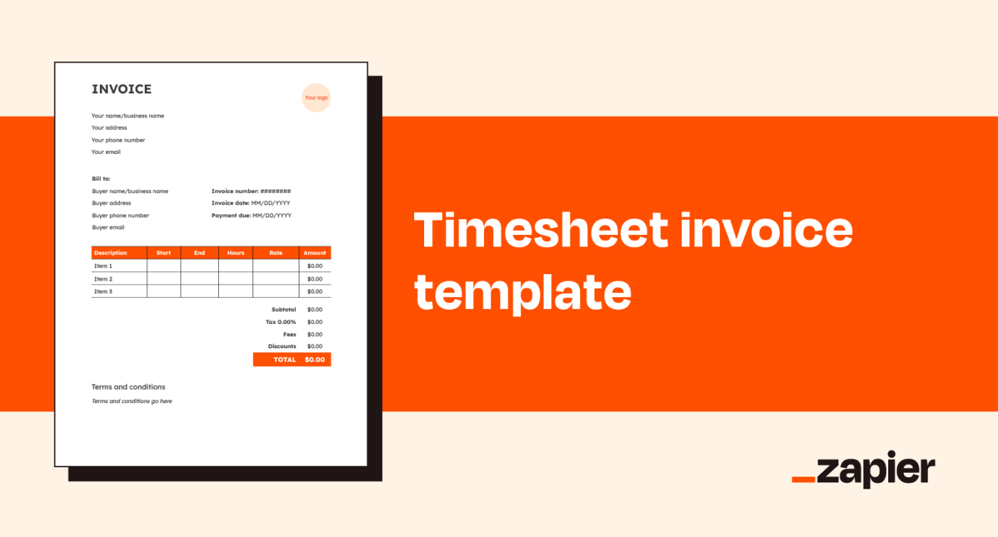 Illustrated image of Zapier's timesheet invoice template on an orange background