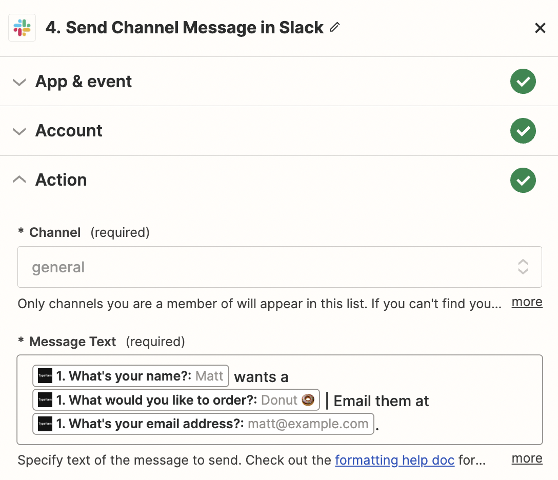 A Slack channel message that shows data from a Typeform step.