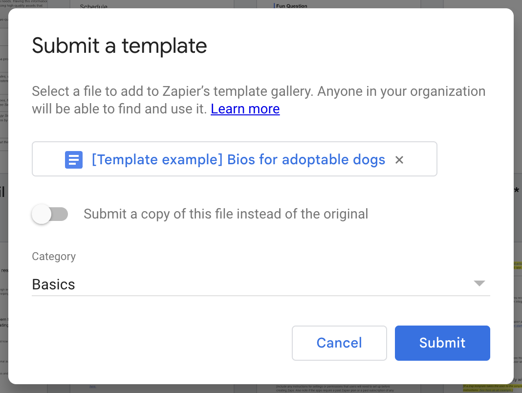 A pop-up window to "Submit a template" in Google Docs. The template titled "[Template example] Bios for adoptable docs" is attached and its category is "Basics." There's a "Submit" button in the bottom-right corner of the window.