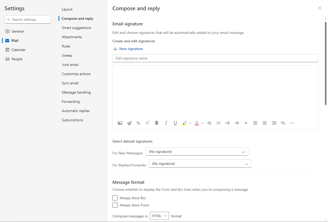 Screenshot of how to create an email signature in Outlook: nagivate to Settings, Mail, then Compose and Reply