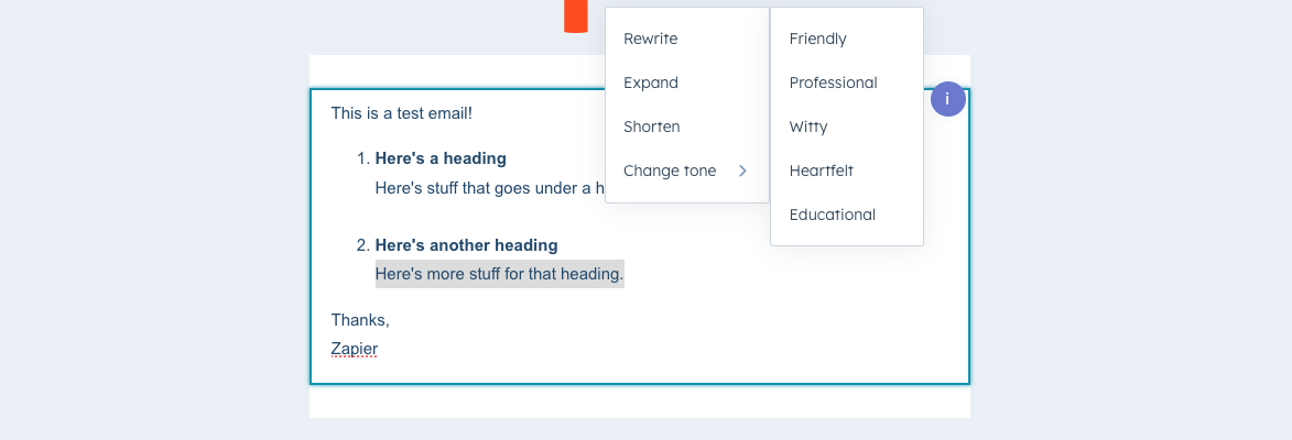 Screenshot of HubSpot email creator with AI suggestions.