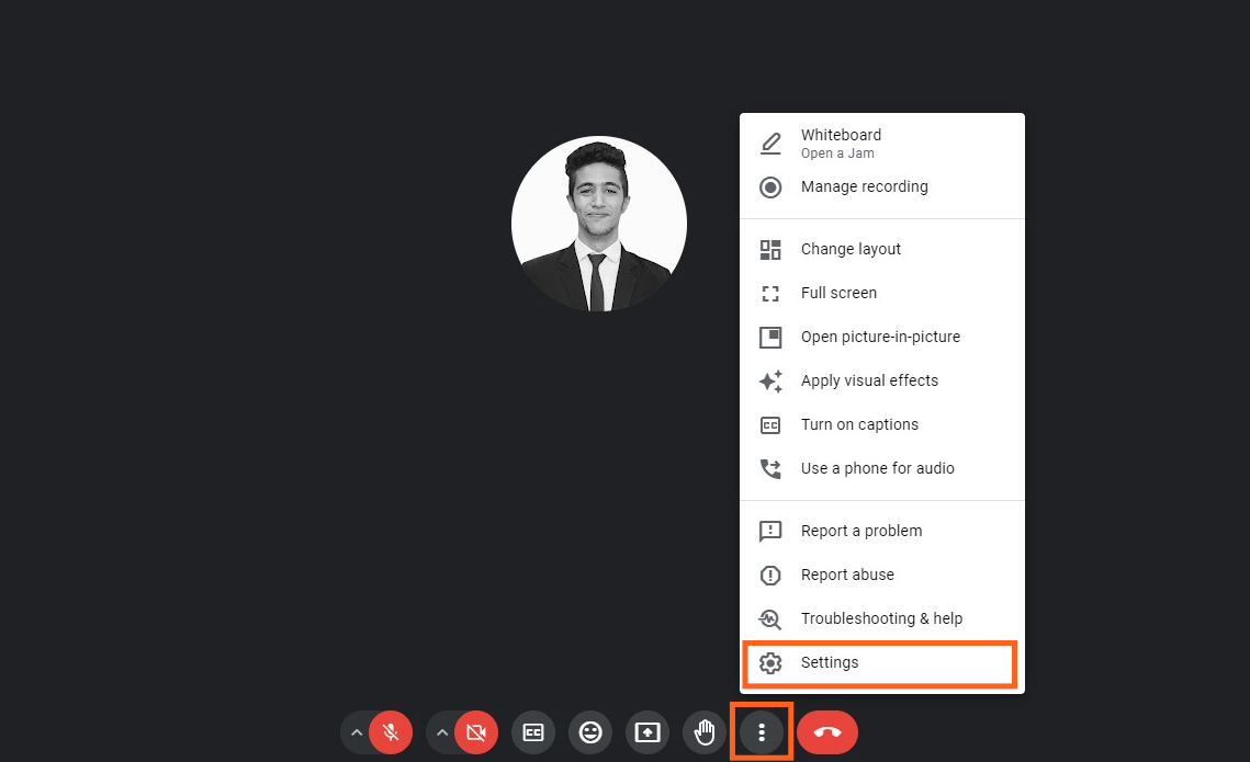 Screenshot of where to find the Settings menu in Google Meet