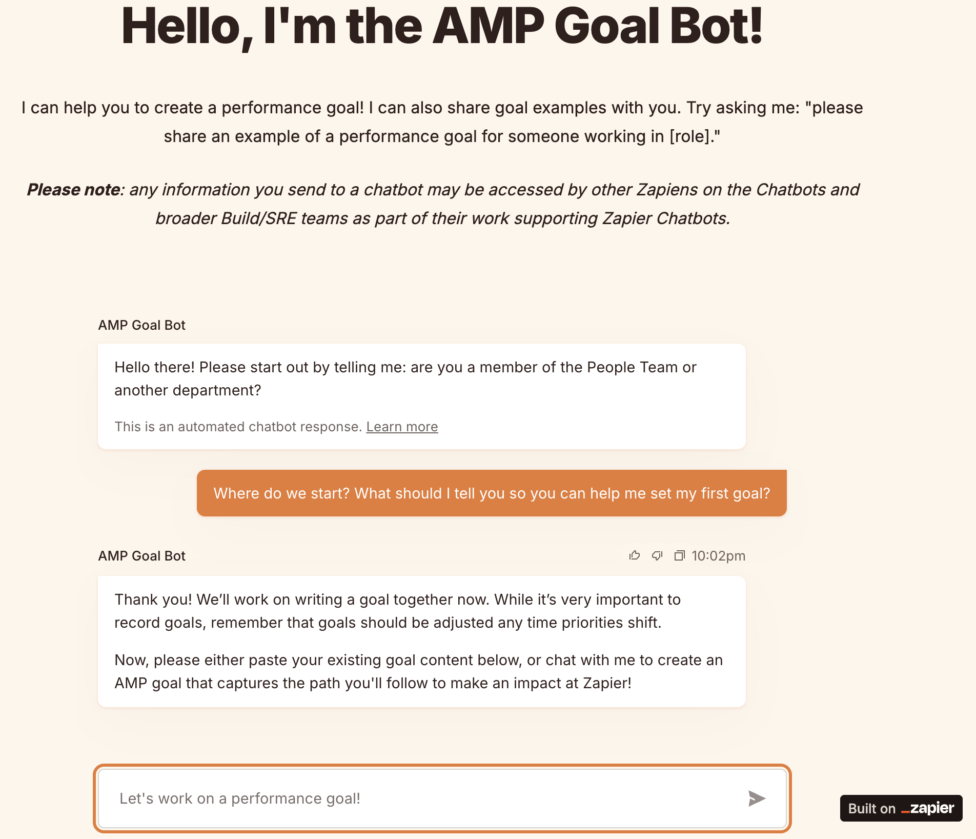 A performance goal chatbot in Zapier