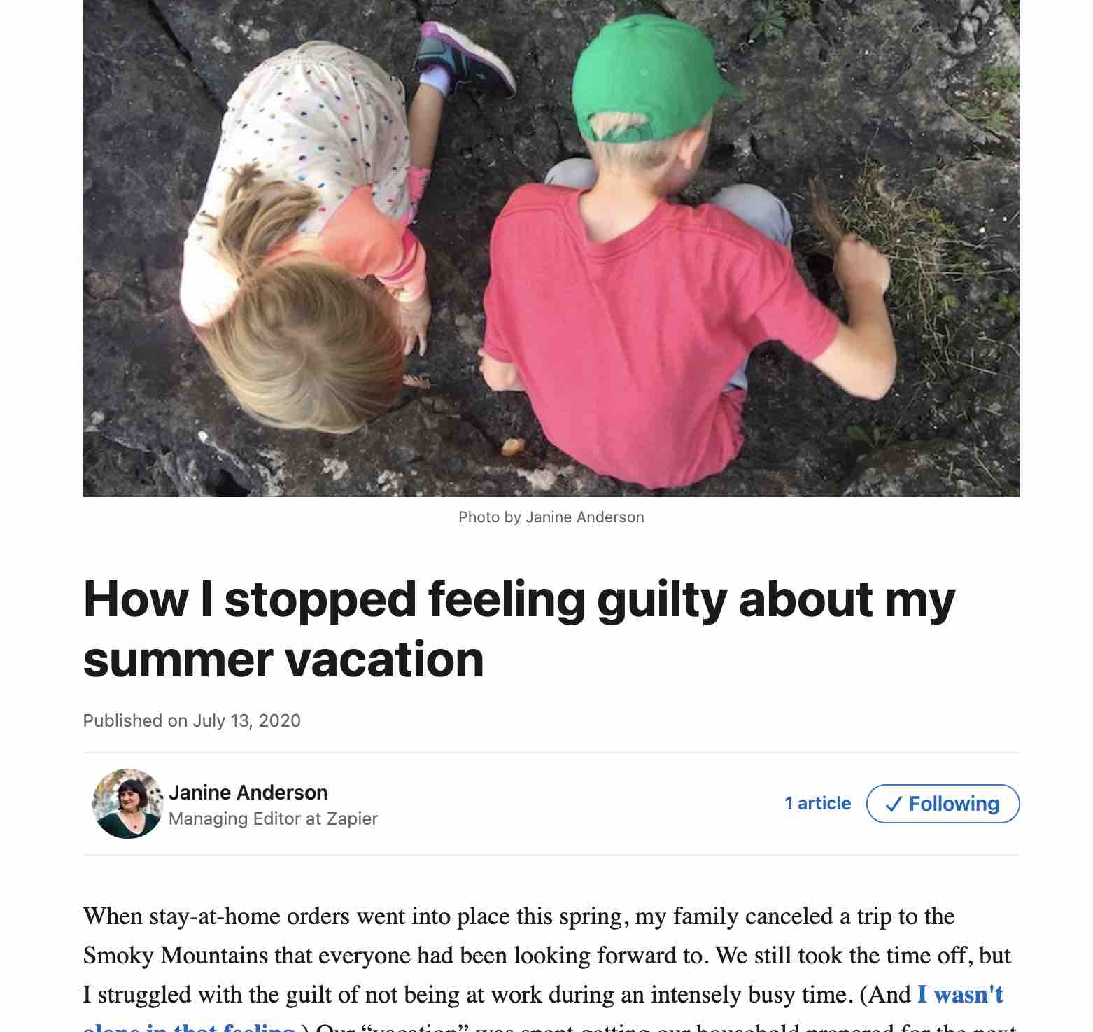 A screenshot of an article on LinkedIn by Zapier's managing editor, Janine Anderson