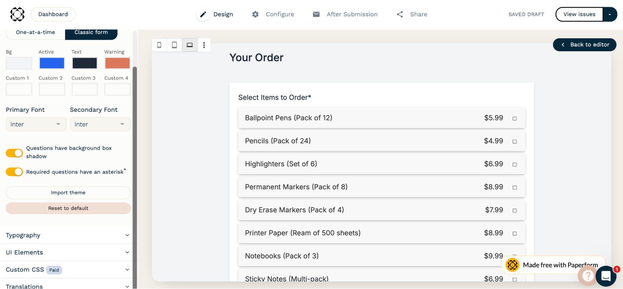Screenshot of Paperform, our pick for the best online form builder for creating order forms