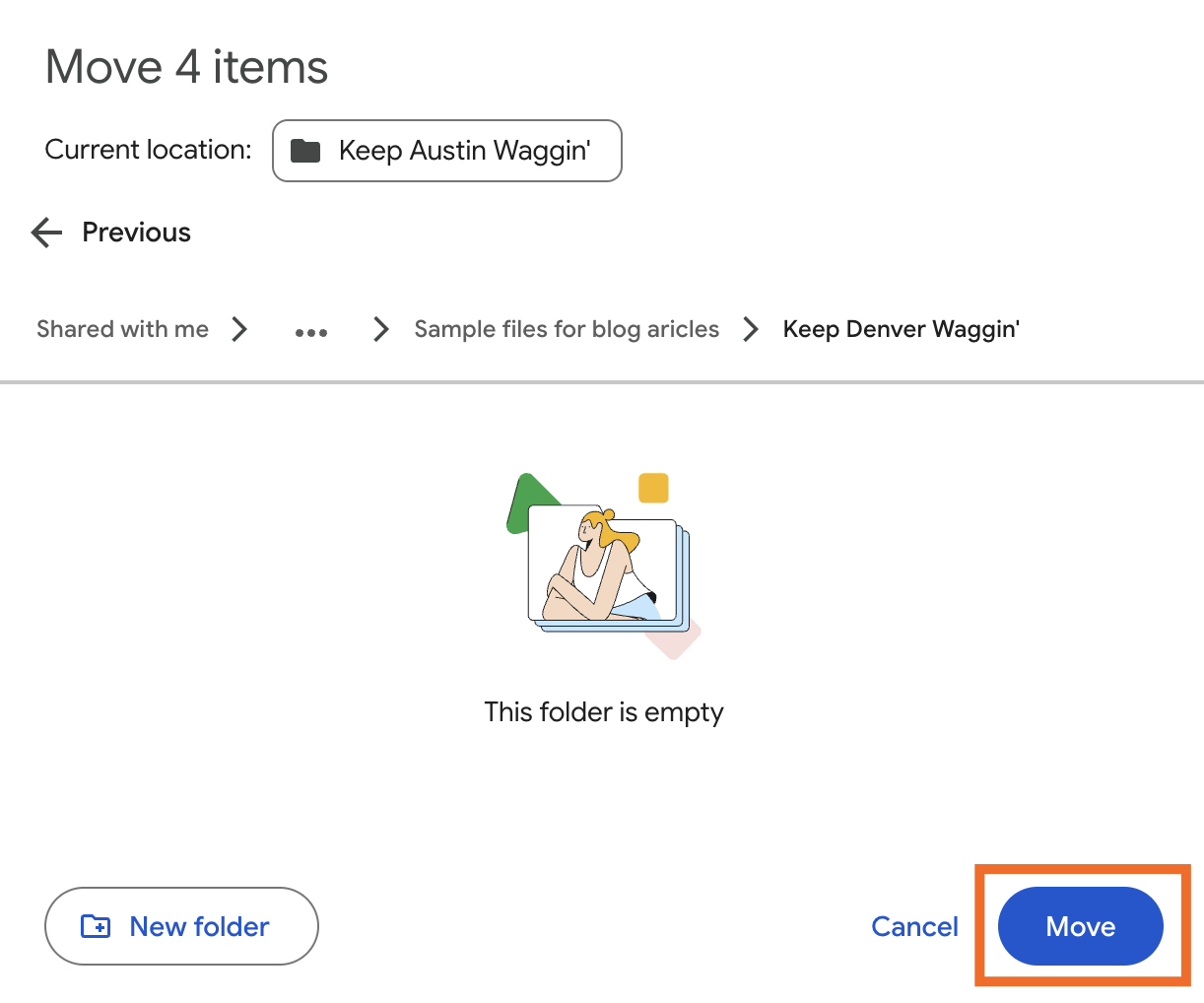 Google Drive popup with the option to move selected files into an empty Google Drive folder.