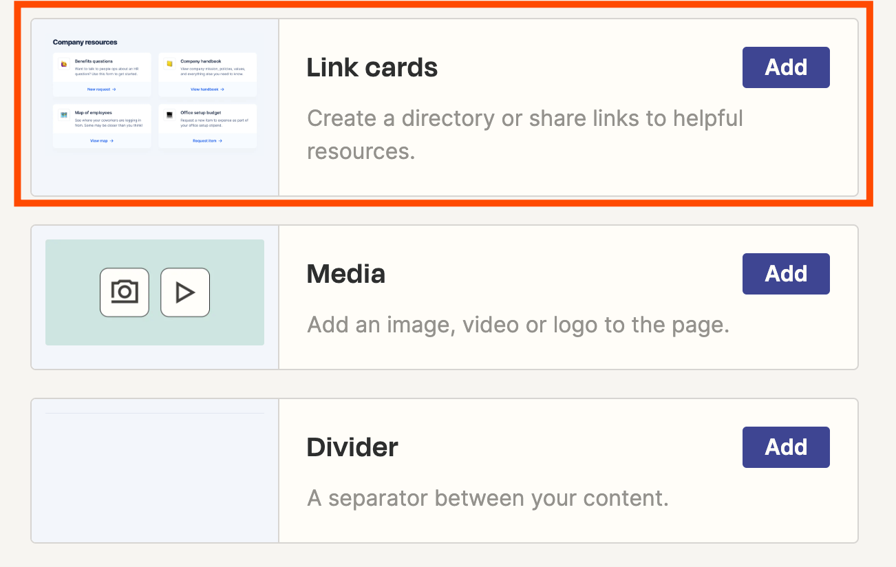 An orange box around the option to add Link cards to a landing page in Zapier Interfaces.