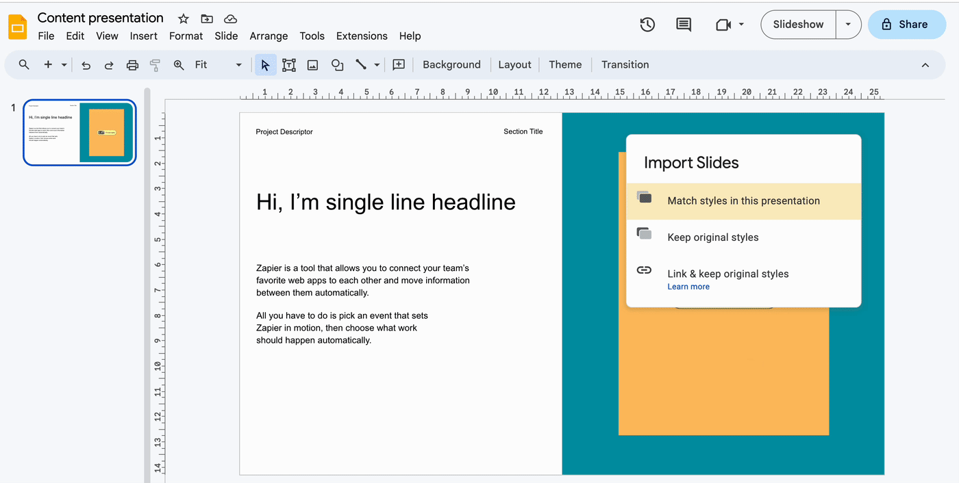 Demo of a slide pasted into a Google Slide presentation. Immediately after the option to keep original styles is selected, the font style, formatting, and colors in the pasted slide change to match the copied slide.