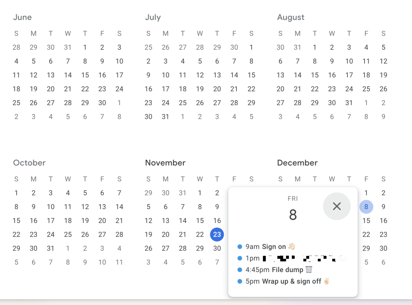 Year view in Google Calendar. A popover for a selected date displays a list of scheduled events for that date. 