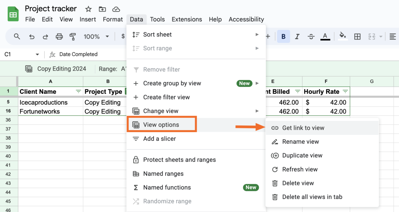 How to share a filter view in Google Sheets.