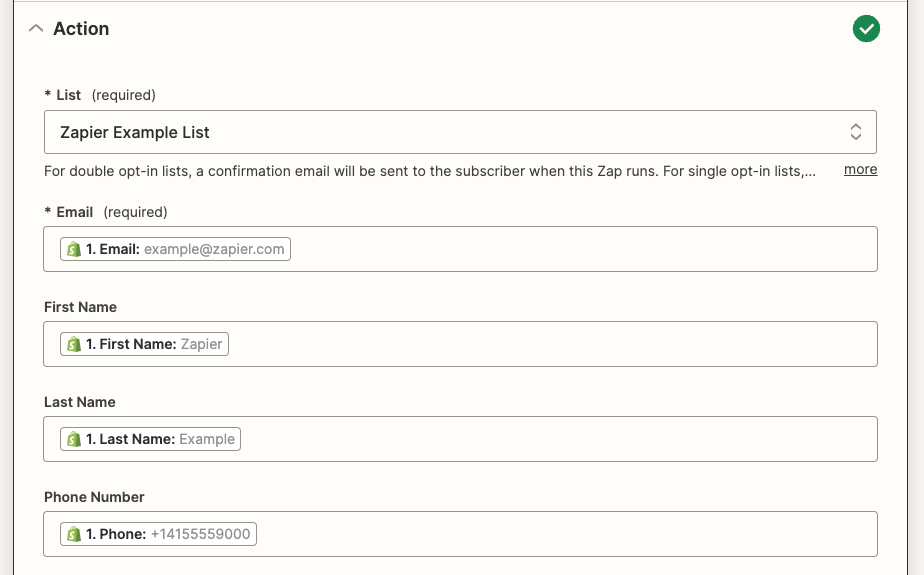 The action step in the Zap editor with fields that include data from the previous Shopify step.