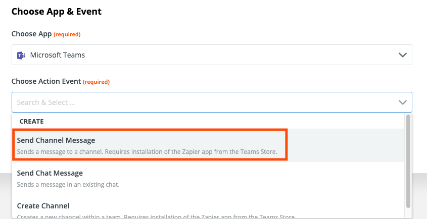 A screenshot of selecting the action event in the Zap Editor.
