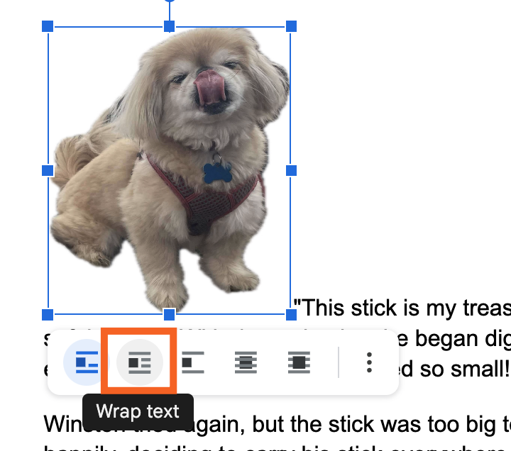 Floating toolbar for an image in Google Docs with the option to wrap text highlighted. 