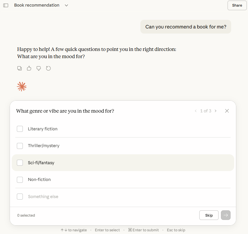 Claude asking follow-up questions with pre-defined answers