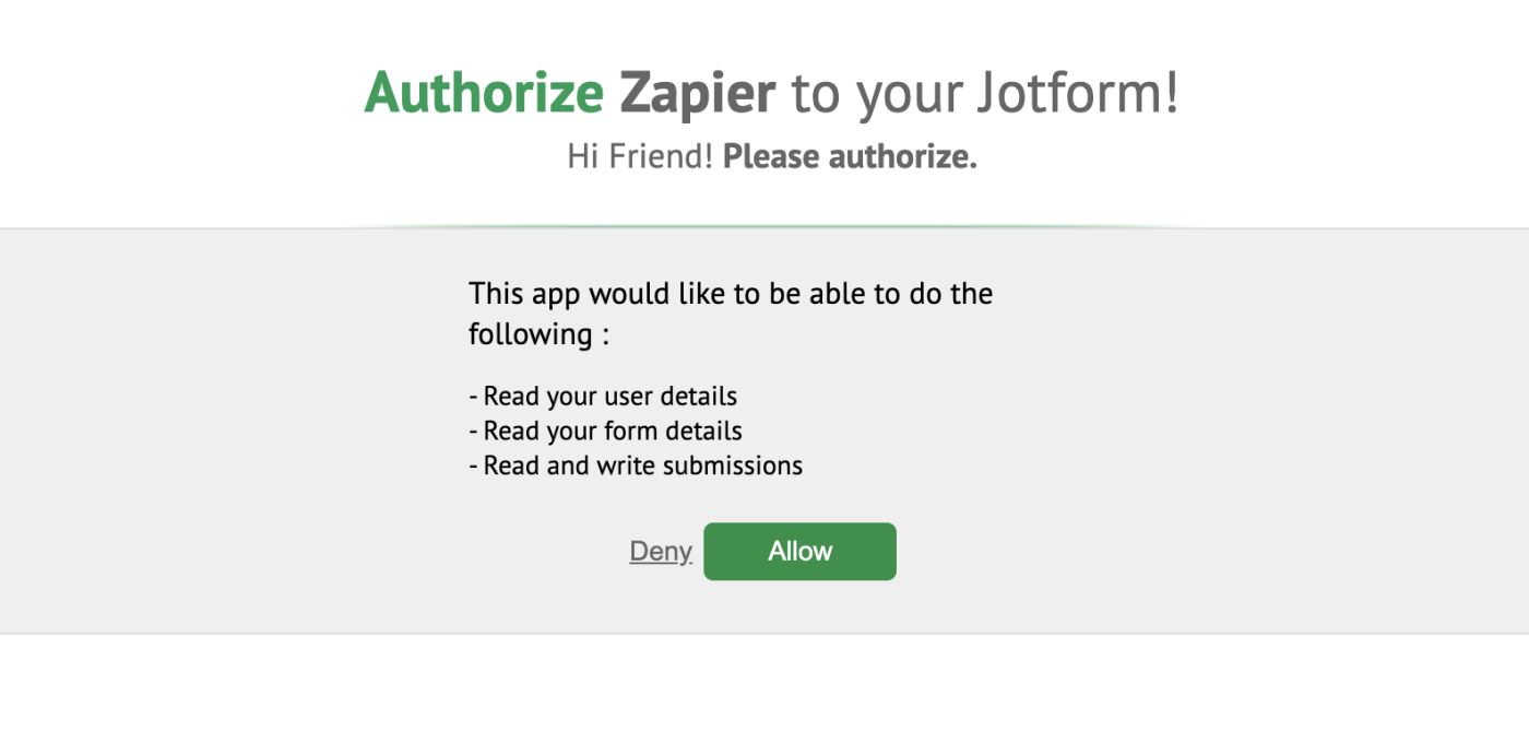 A popup to allow Zapier to access your Jotform